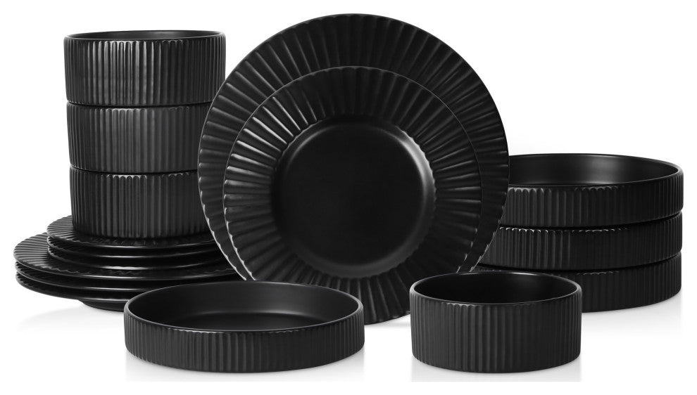 Christian Siriano Lusso Stoneware 16 Piece Dinnerware Set, Black