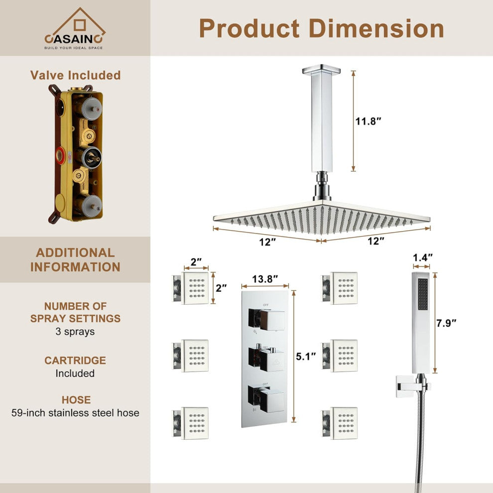 CASAINC 12" Ceiling Mounted Luxury LED Shower Head Handheld Spray, Chrome