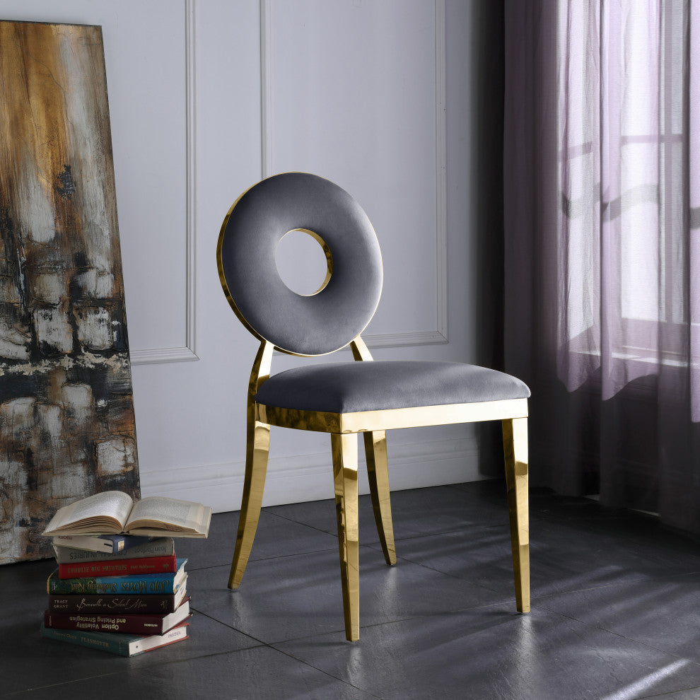 Carousel Upholstered Dining Chair, Set of 2, Gray Velvet, Gold Finish