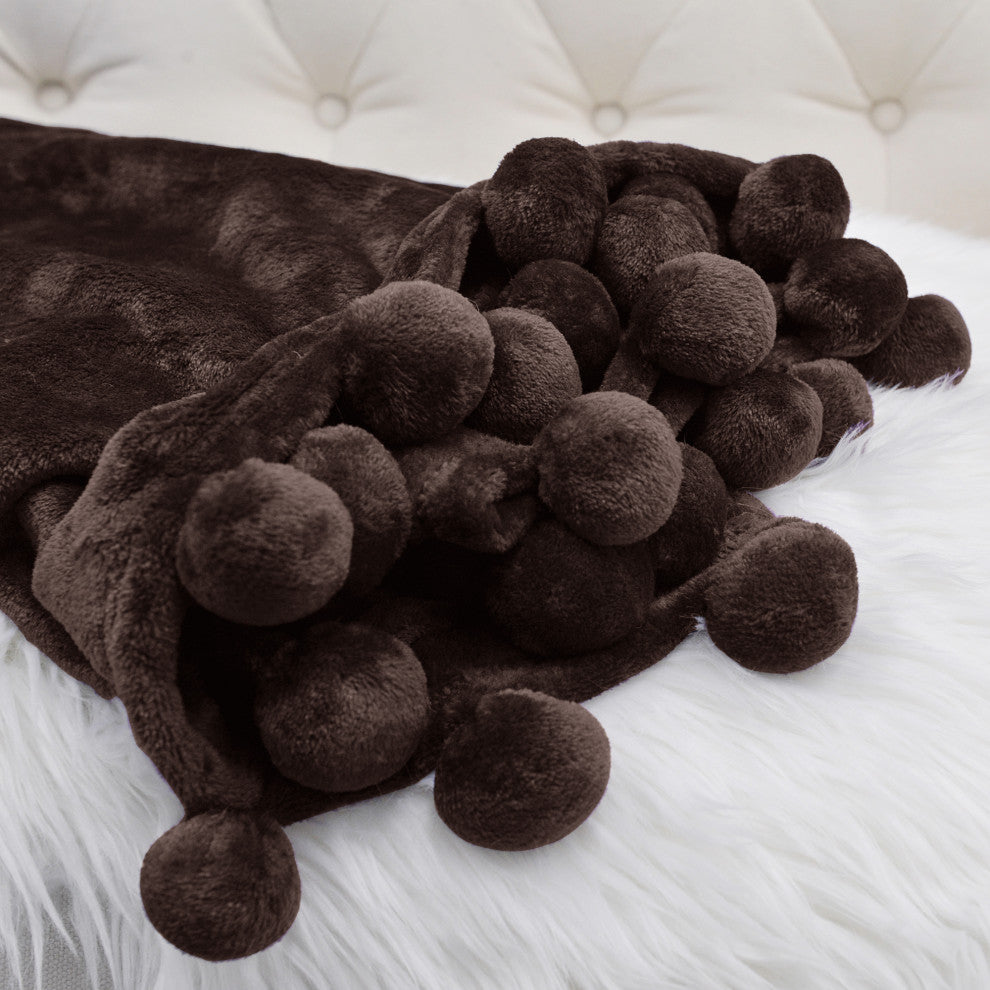 Pom Pom Flannel Fleece Throw Blanket, Chocolate, 50" X 60"