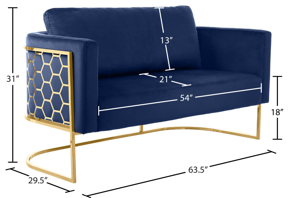 Casa Velvet Upholstered Loveseat, Navy, Gold Finish