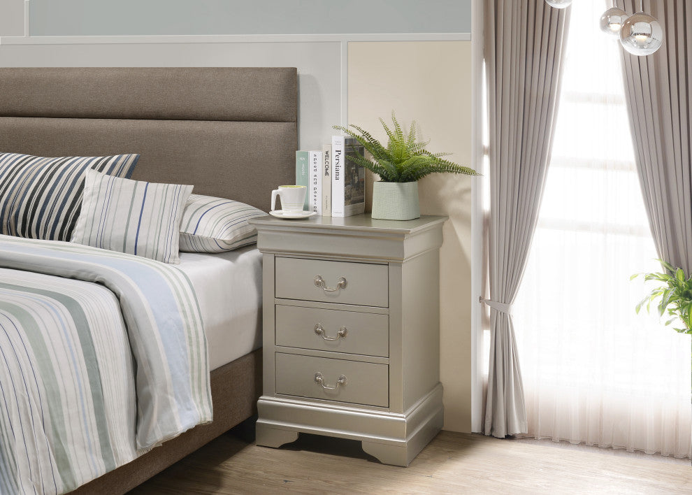 Louis Phillipe 3-Drawer Nightstand, Silver Champagne