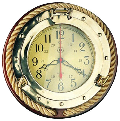 Brass Porthole Quartz Clock With Fisherman's Rope