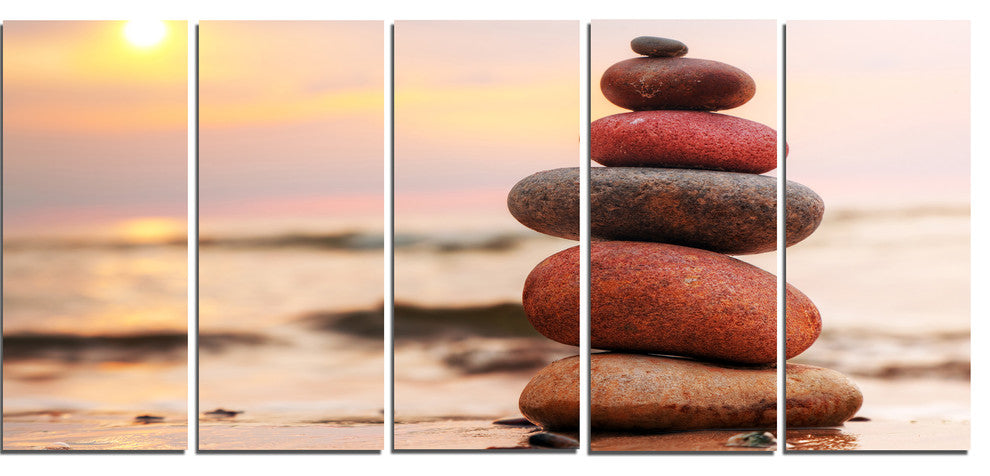 Stones Pyramid on Sand Symbolizing Zen, Landscape Canvas Art, 60"x28", 5 Panels