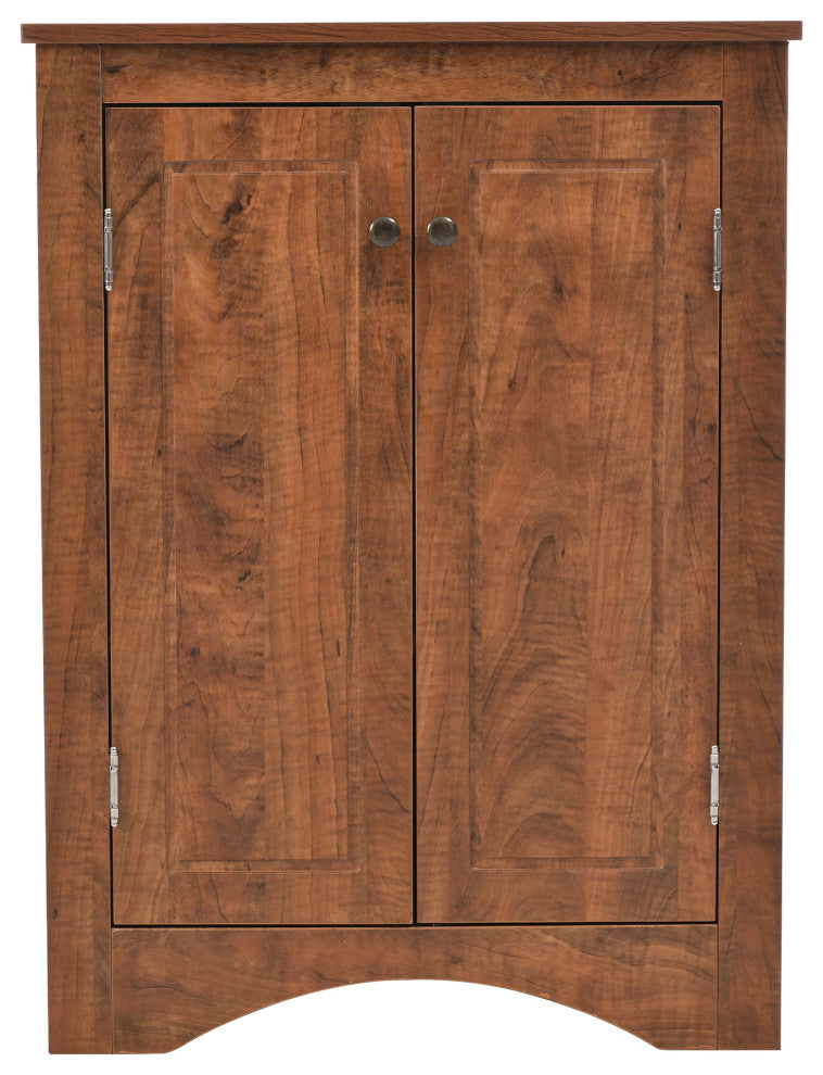 32" Wood 2-door Bath Corner Cabinet, Adjustable Shelves, Brown