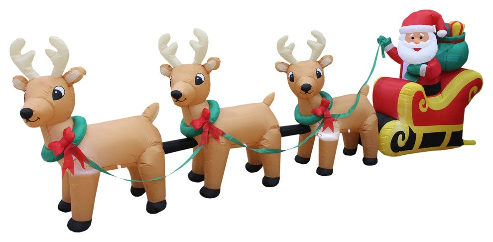 Long Inflatable Santa Claus on Sleigh With Three Reindeer Decoration, 12'