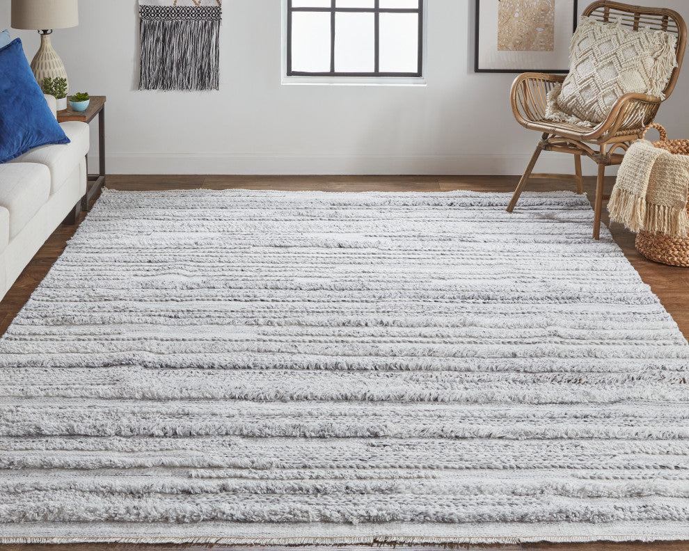 Weave & Wander Akton Shag Rug, Ivory/Light Gray, 10ft x 14ft Rug