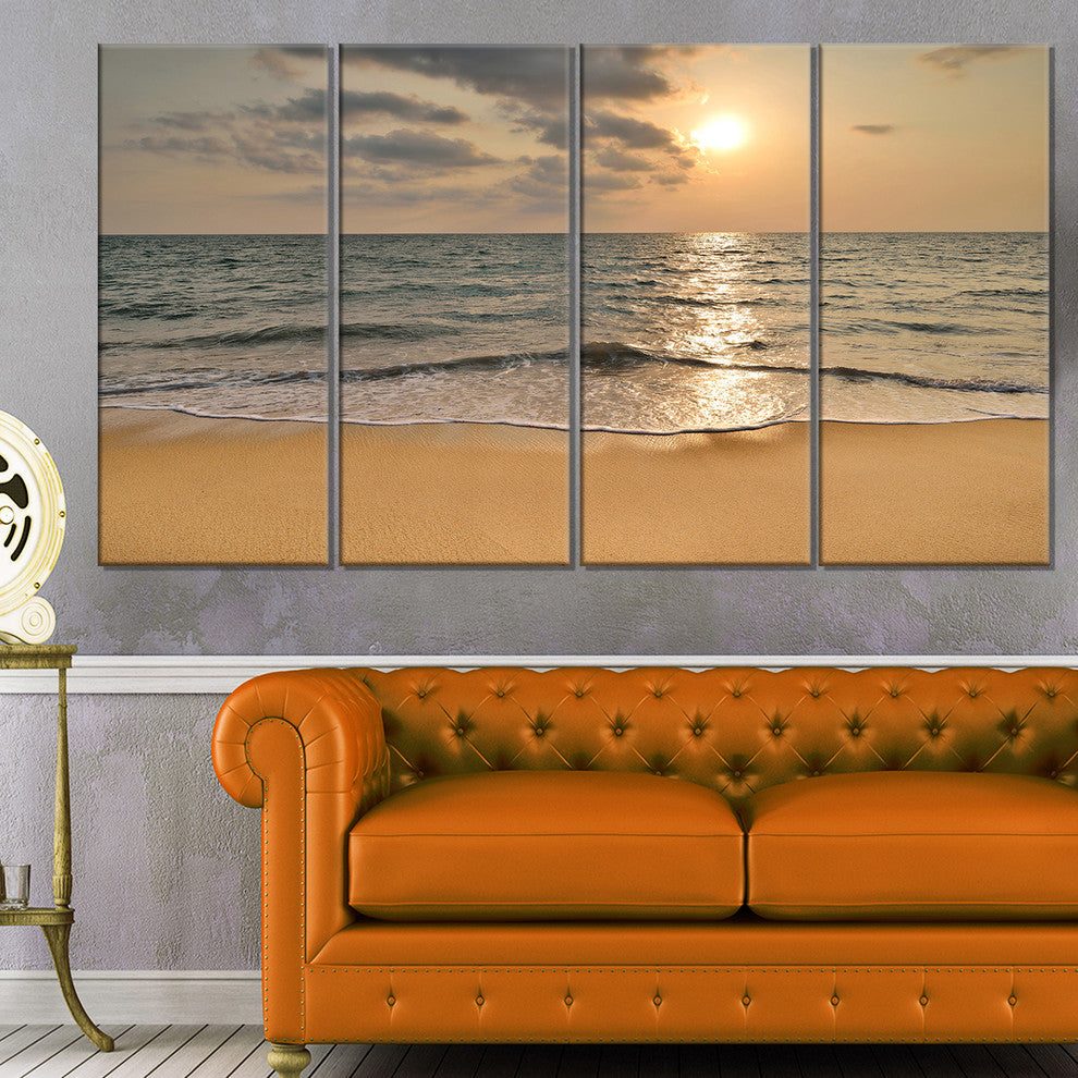 "Dark Tropical Sand Beach At Sunset" Modern Seascape Wall Art, 4 Panels, 48"x28"