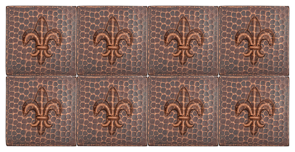 Hammered Copper Fleur De Lis Tile, 4"x4", Set of 8