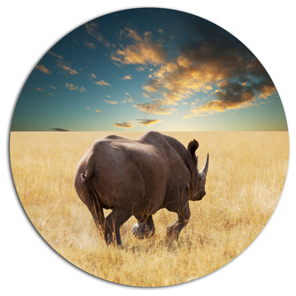 Giant Rhino Under Cloudy Sky, African Round Metal Wall Art, 11"