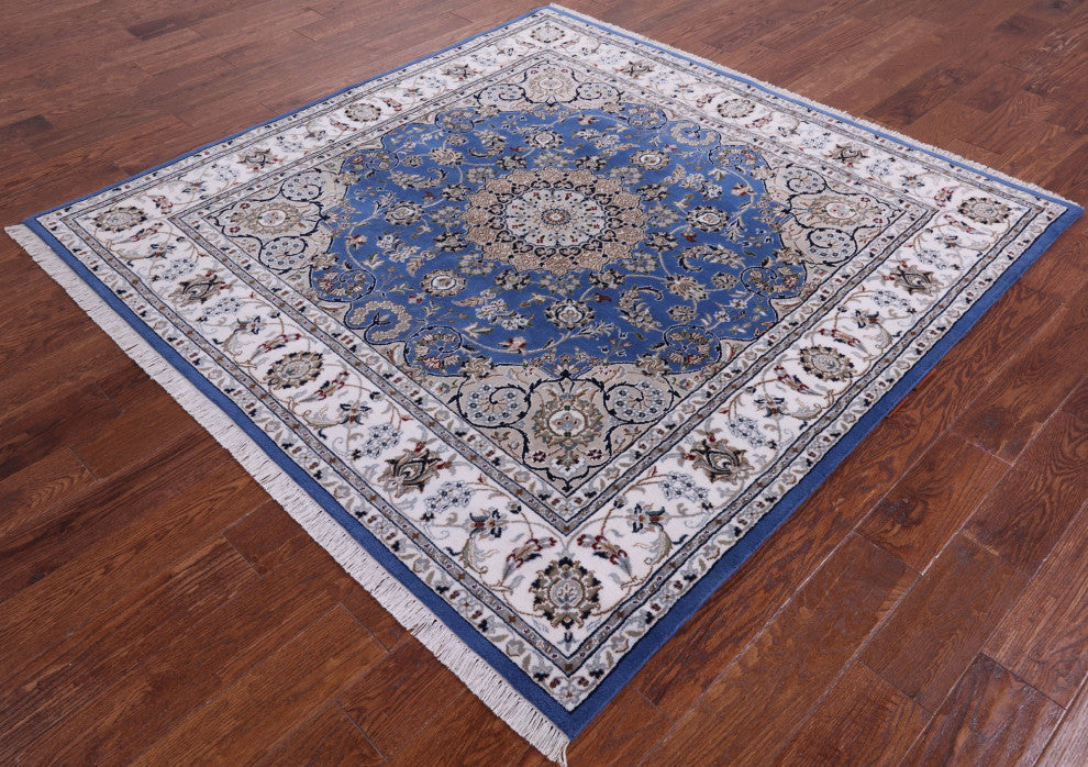 6' Square Wool and Silk Persian Nain Hand Knotted Rug Q11655