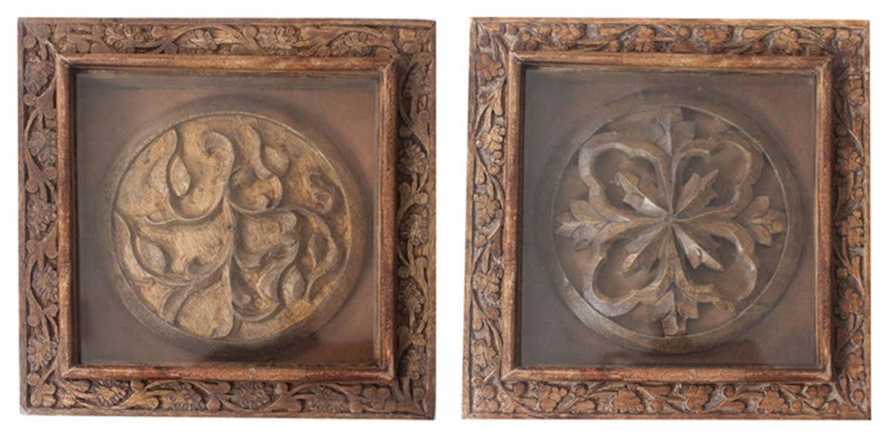 Set of 2 Rustic Carved Wood Wall Art