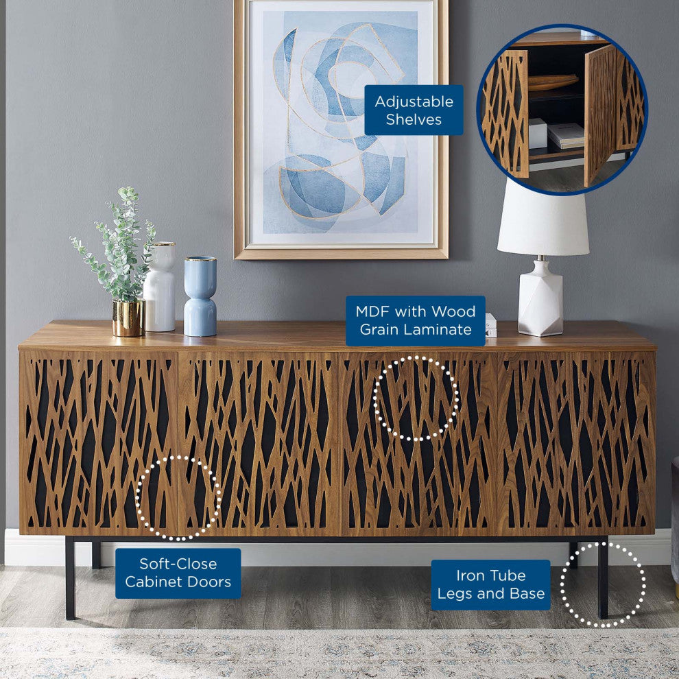 Media TV Stand Console Table, Rectangular, Wood, Metal, Brown Walnut, Modern