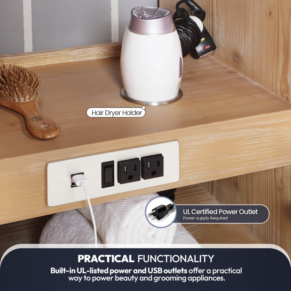 San Bath Vanity with Stone Top, Fir Wood Brown, 42", Single Vanity, No Mirror