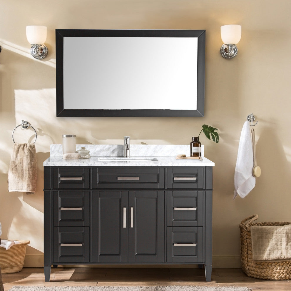 Vanity Set With Carrara Marble Top, 60", Espresso, Standard Mirror