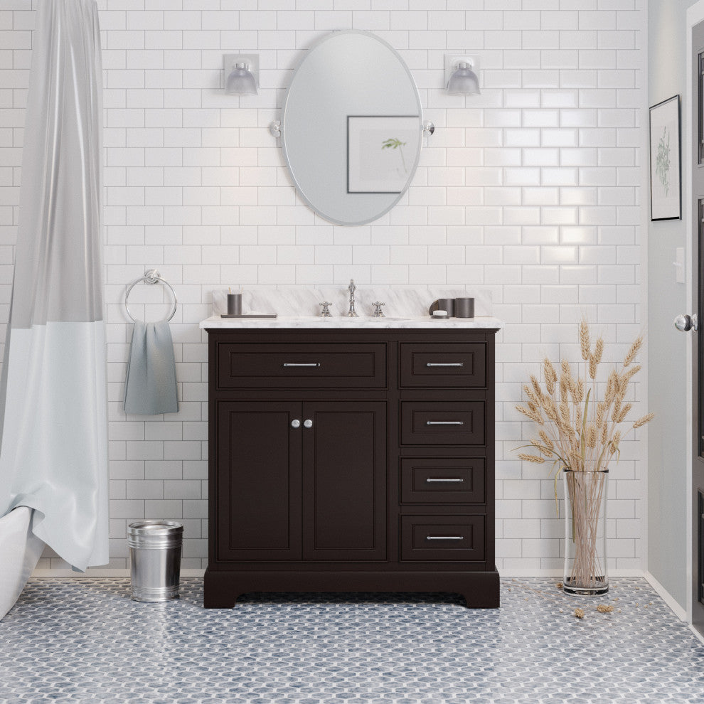 Aria 36" Bathroom Vanity, Chocolate, Carrara Marble