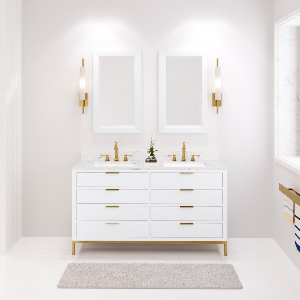 Bristol 60" Marble Countertop Vanity, Pure White With Mirrors
