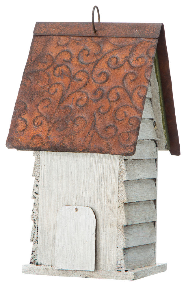 12"H Washed White Distressed Solid Wood Cottage Birdhouse