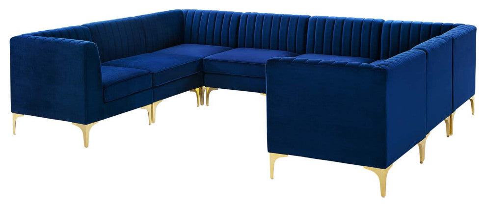 Tufted Sectional Sofa Set, Velvet, Blue Navy, Modern, Living Lounge Hospitality
