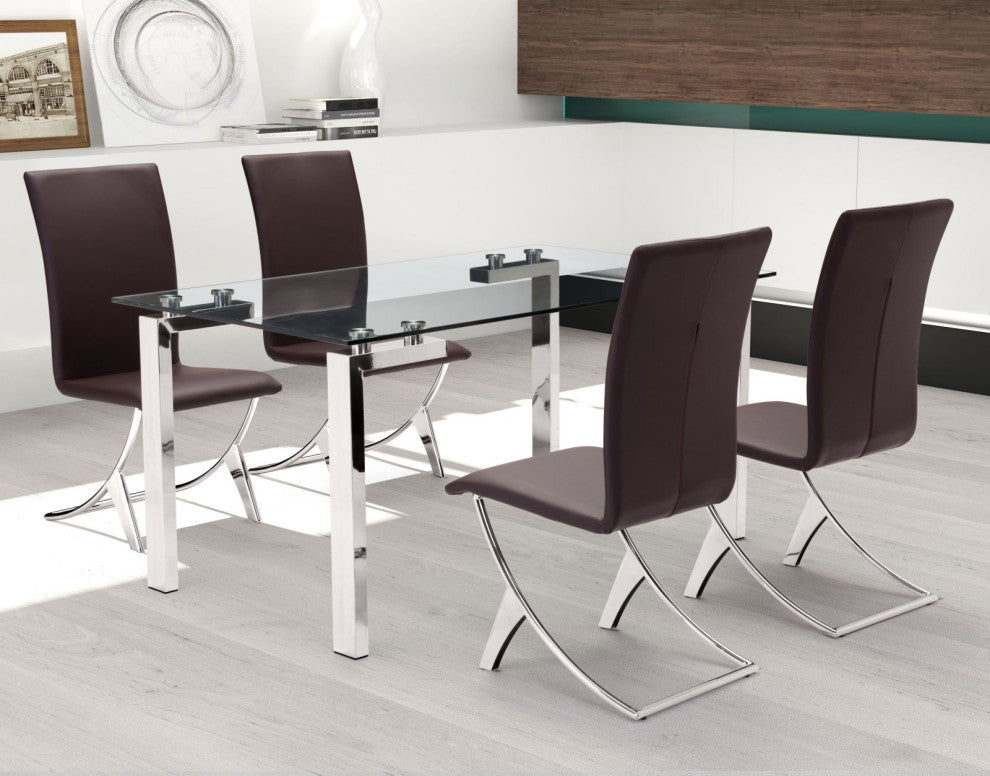Dining Chair, Set of 2, Faux Vinyl Leather, Steel, Brown Black, Chrome, Cafe
