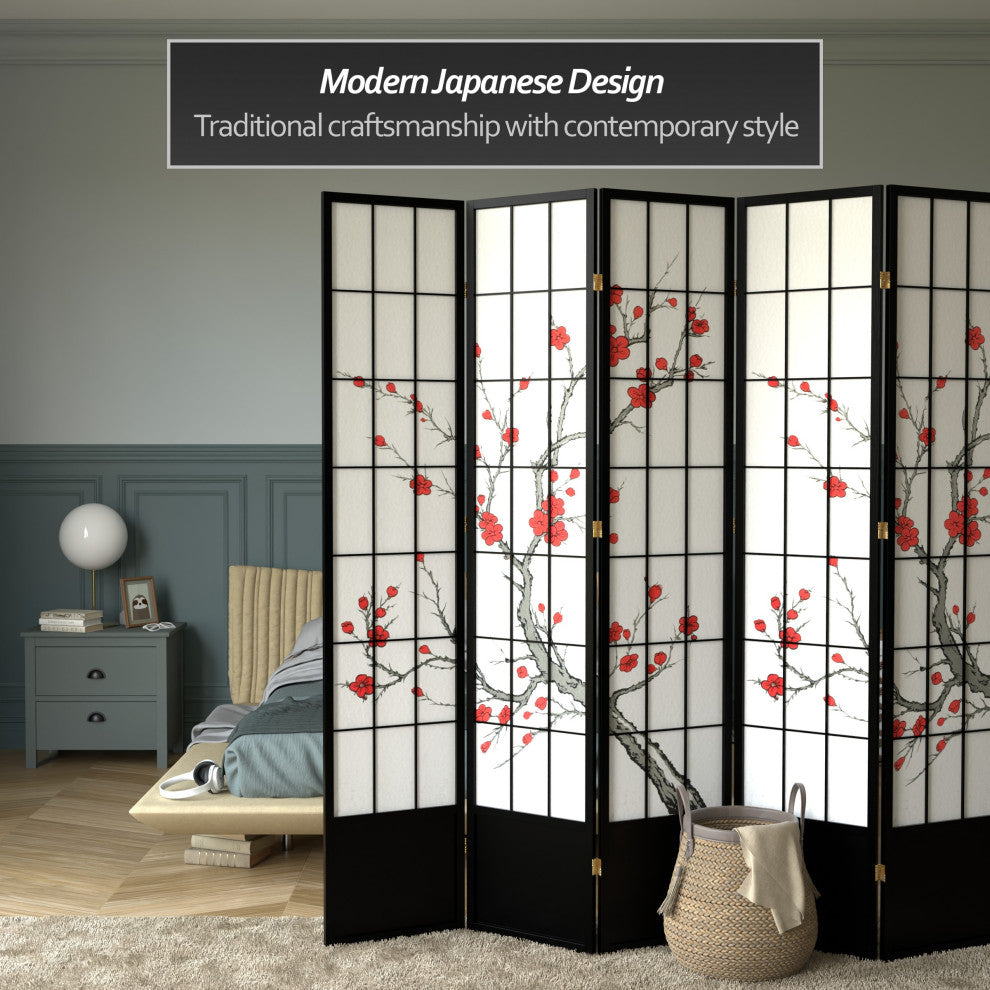 7' Tall Cherry Blossom Shoji Screen, Black, 5 Panels