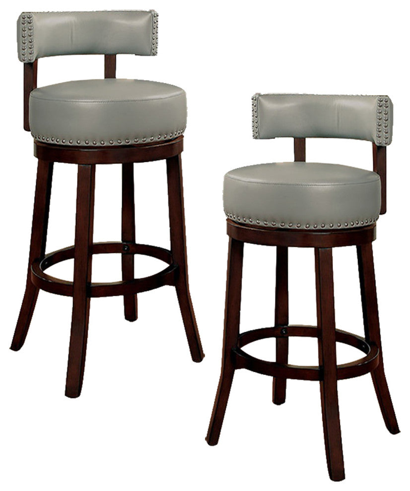 Set of 2 Leatherette and Wood Bar Stool, Dark Oak, Gray