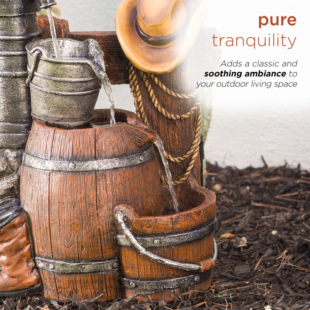 Pump and Barrel Fountain with Cowboy Hat