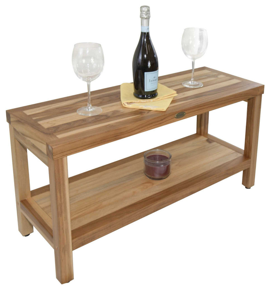 HomeRoots Large Rectangular Teak Bench With Shelf, Natural Finish