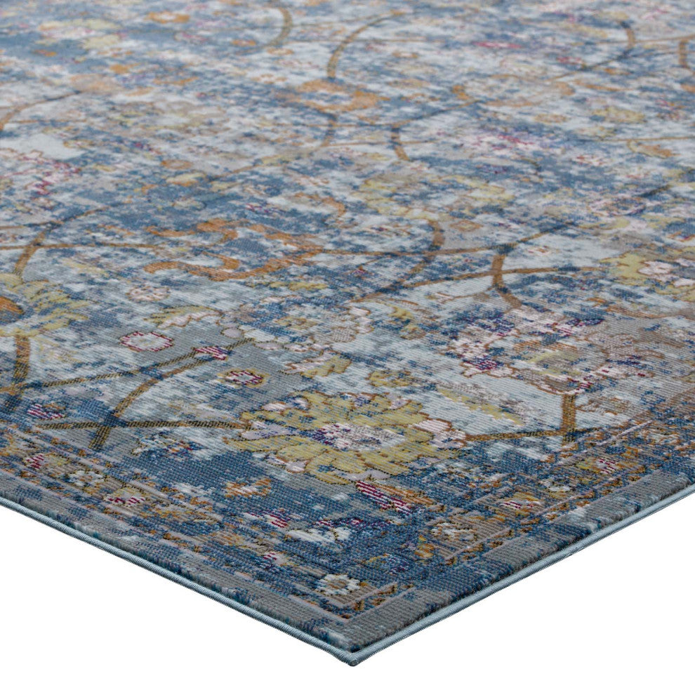 Blue Gray, Yellow and Orange Minu Distressed Floral Lattice 4x6 Area Rug