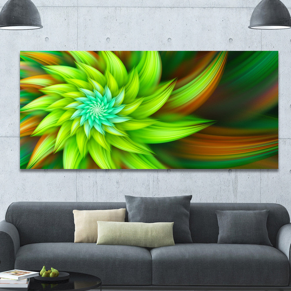Huge Clear Green Fractal Flower, Large Floral Canvas Art Print, 60"x28"