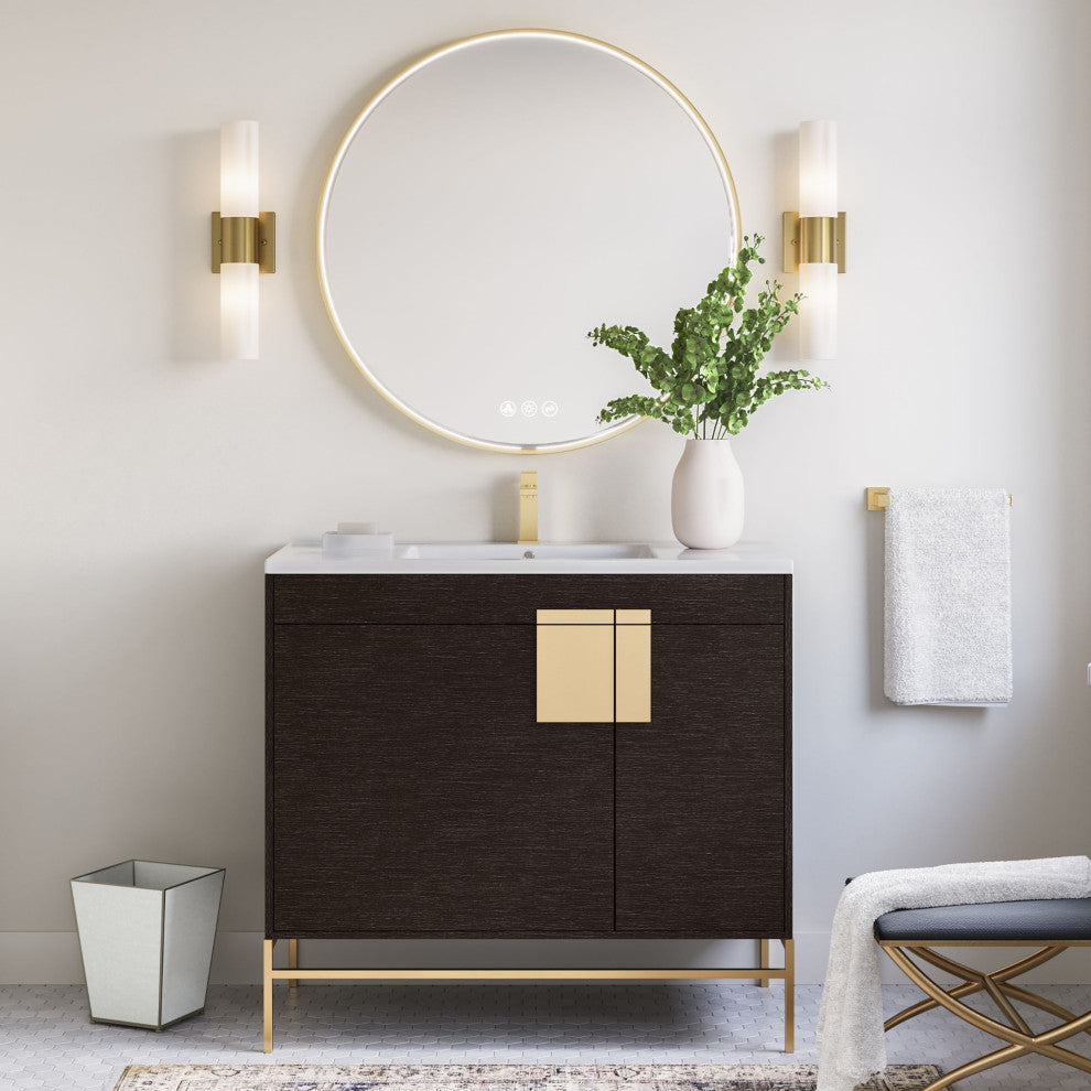 Lockhart Bath Vanity, Black Oak, 36", Satin Brass Hardware, Single Sink, Freestanding