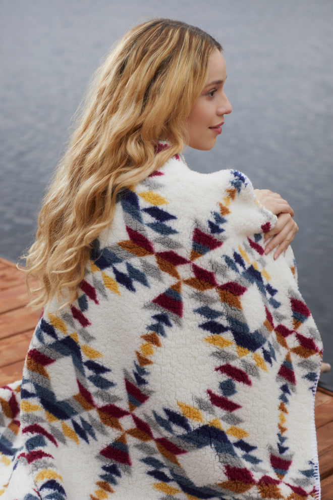 Sherpa Faux Throws 50"X60" Navajo Print Grey, Aztec Print Multi