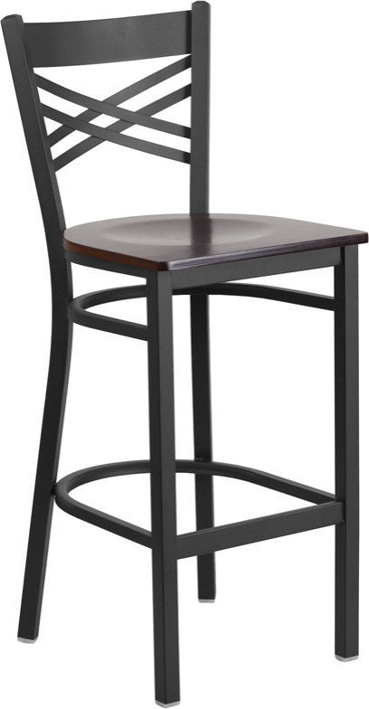 Black "X" Back Metal Restaurant Barstool, Walnut Wood Seat