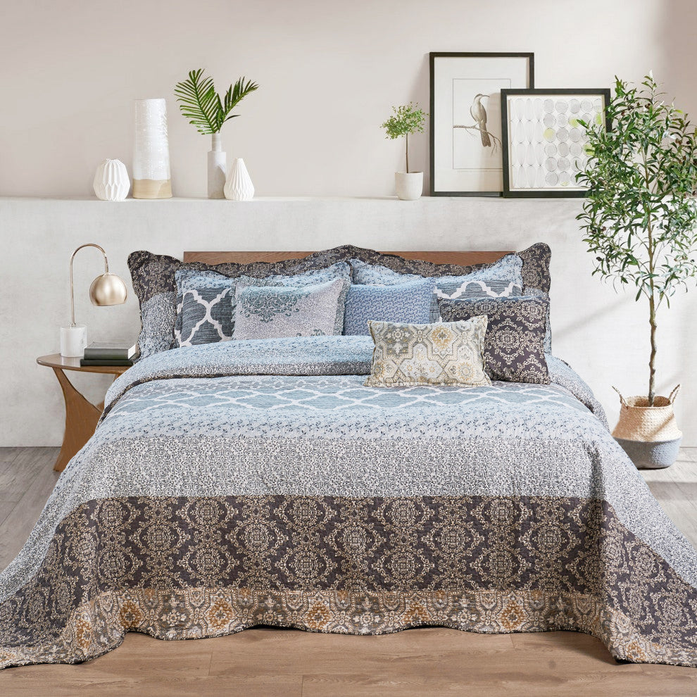 Serenta Floral Medalion 9-Piece Bed Spread Set, Gray, King, 122"x106"
