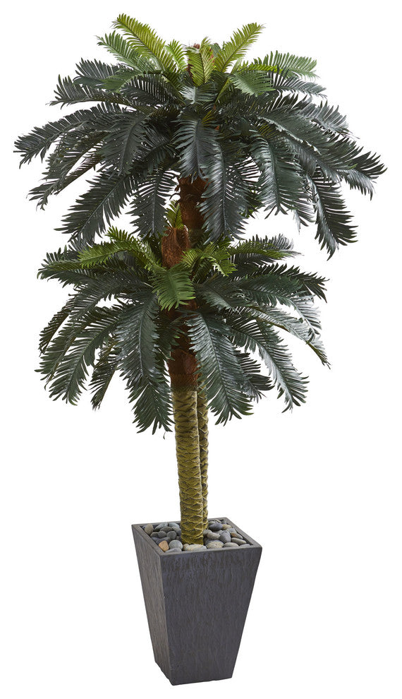 Nearly Natural 6' Double Sago Palm Artificial Tree Slate Finished Planter