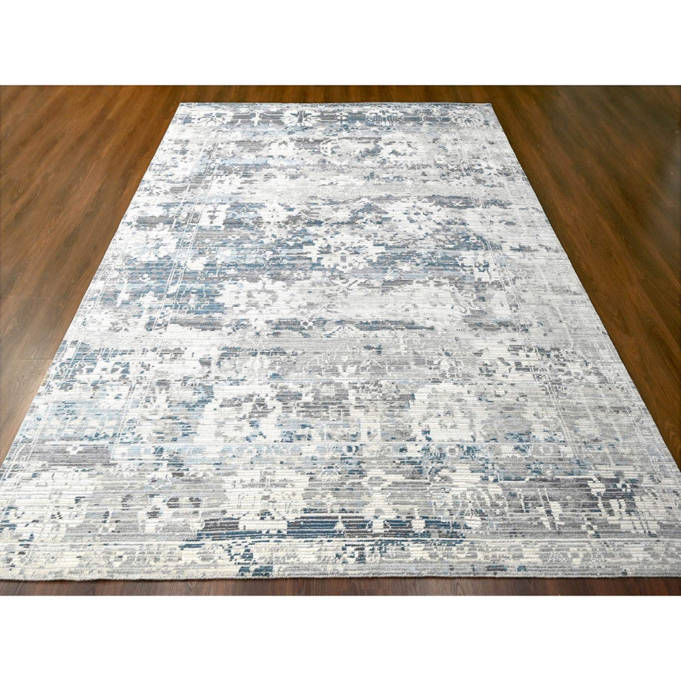 Shadow White Hand Knotted Undyed Wool Nepali Oriental Rug, 9'3"x12'