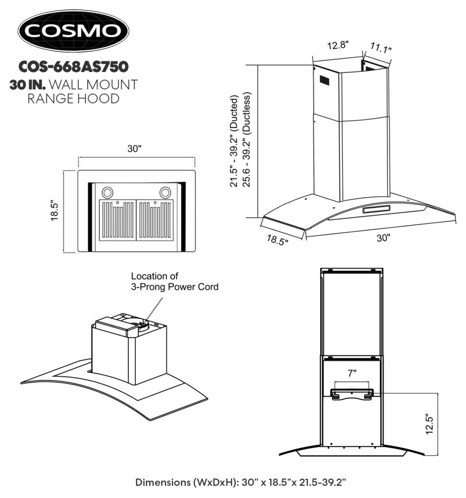 Cosmo 380 CFM Wall Mount Range Hood With Touch Controls, Stainless Steel, 30"