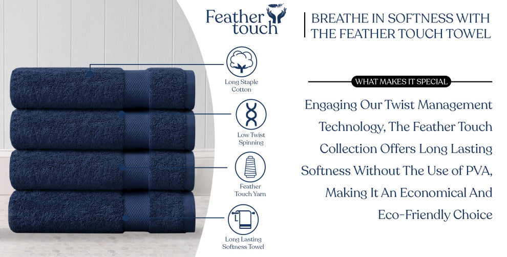 Delara 100% Organic Cotton Plush Bath Towels, 30"x58", Set of 4, Navy Blue