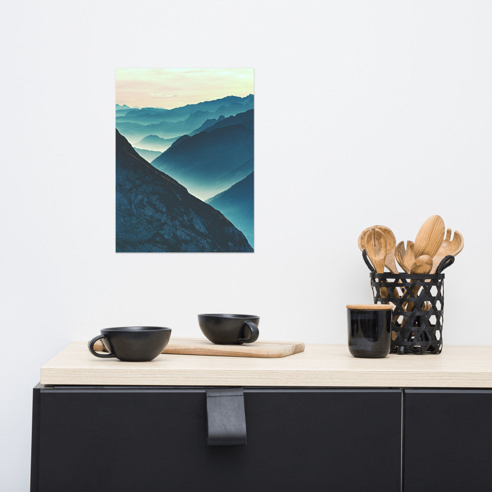 Misty Blue Silhouette Mountain Range Landscape Photo Unframed Wall Art Prints, 12" X 16"