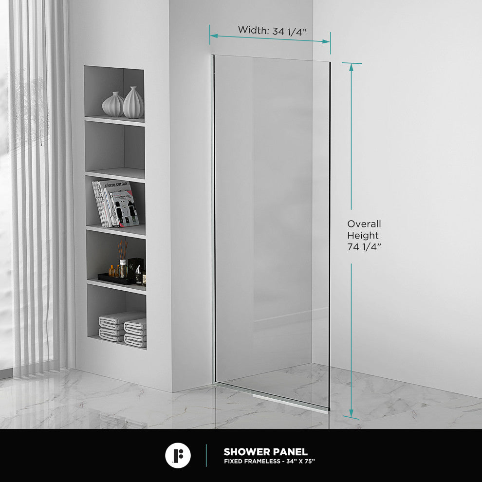 Single Fixed Glass Shower Panel - Clear Tempered Frameless Shower Glass Door, Polished Chrome, 34"