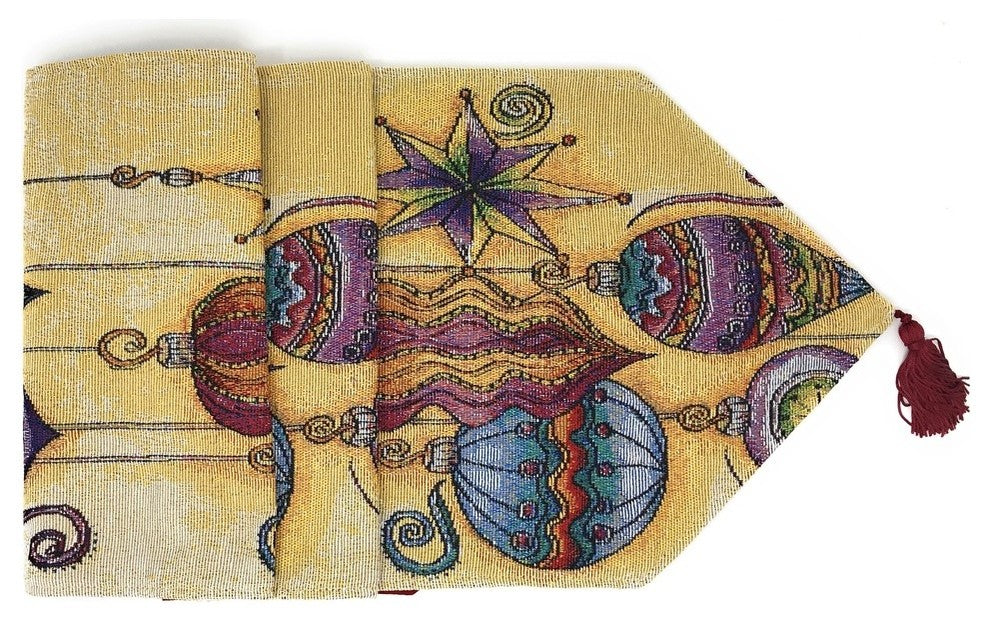 Elegant Ornaments Table Runner, Colorful Golden Holiday Tapestry, 13" X 90"