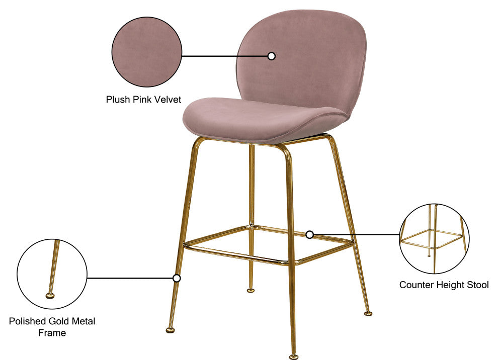 Paris Velvet Upholstered Counter Stool (Set of 2), Pink, Gold Base