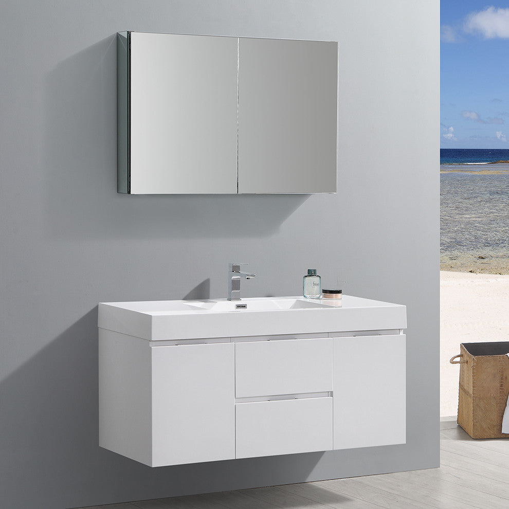 Valencia 48" Glossy White Wall Hung Vanity Set, Cabinet, Faucet FFT3071BN