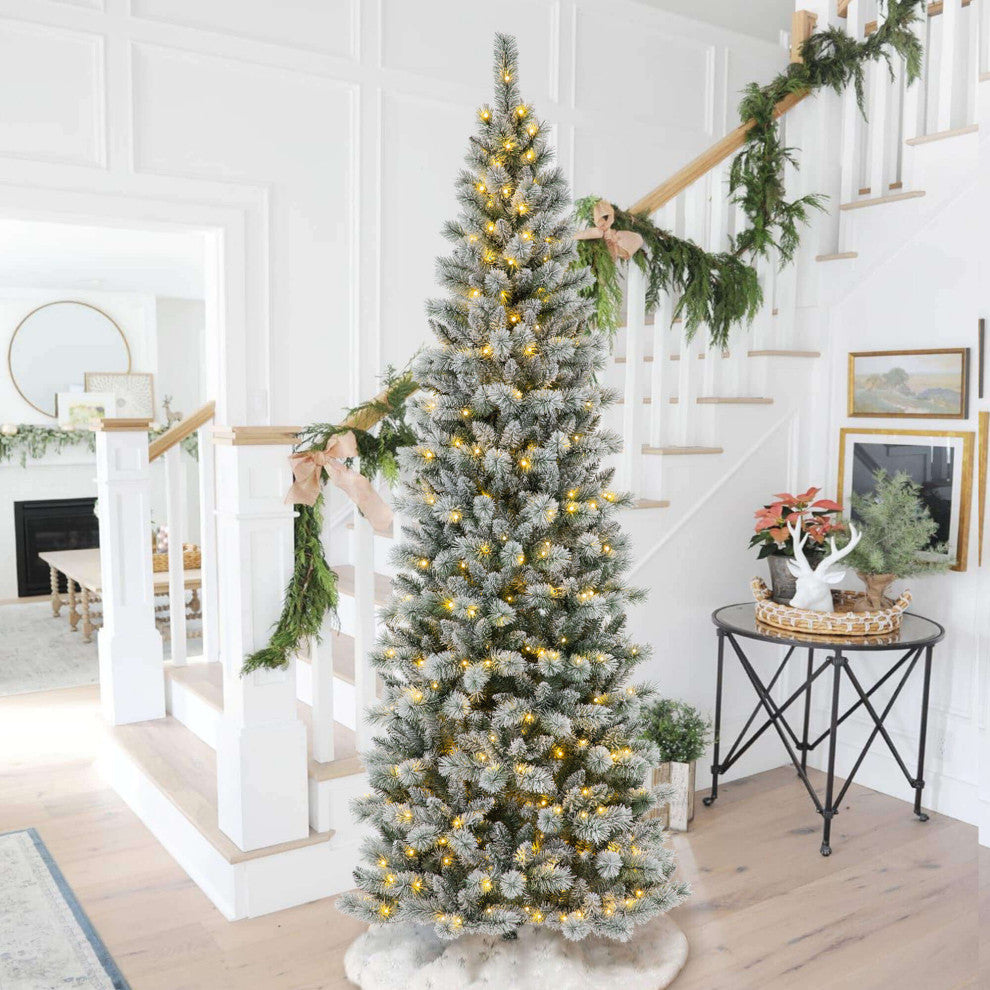 9' Pre-Lit Flocked Pencil Pine Artificial Christmas Tree with 450 LED Lights