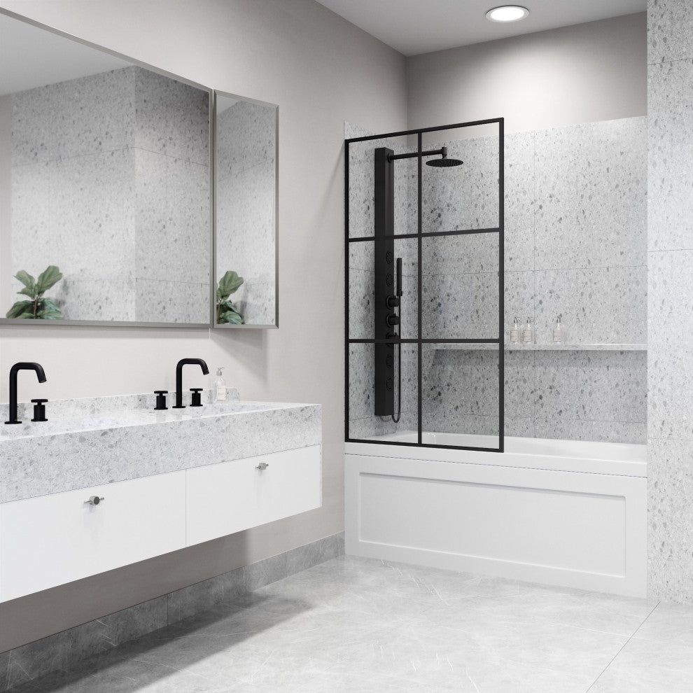 VIGO Ventana 34" W x 62" H Framed Fixed Tub Screen in Matte Black, Clear Glass