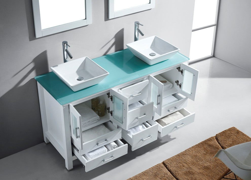 Bradford 60" Double Bathroom Vanity Set, White, Glass Top, Polished Chrome