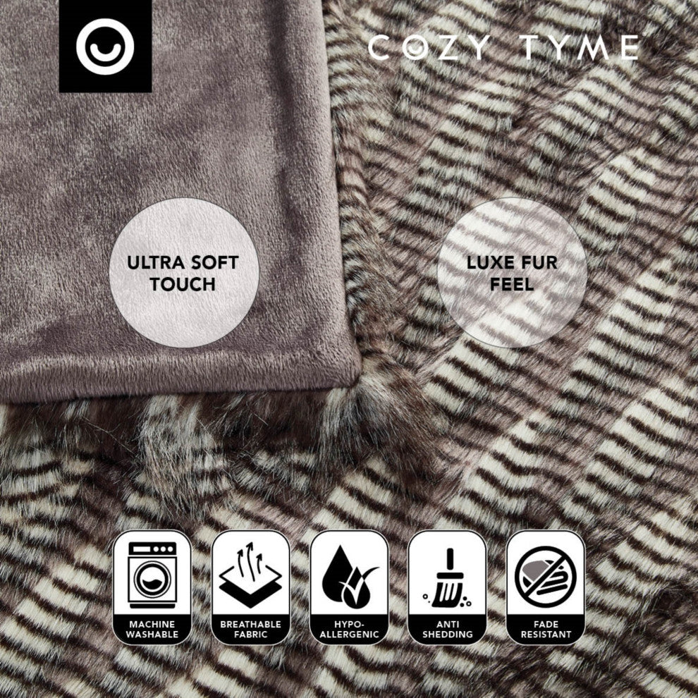 Rashidi Faux Feather Fur Throw 50"x60", Dark Grey