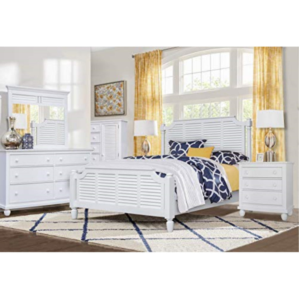 White Shutter Wood 5 Piece Queen Bedroom Set, 3 Drawer Nightstand
