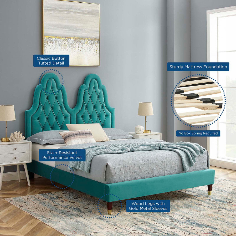 Tufted Platform Bed Frame, Twin Size, Velvet, Teal Blue, Modern Contemporary