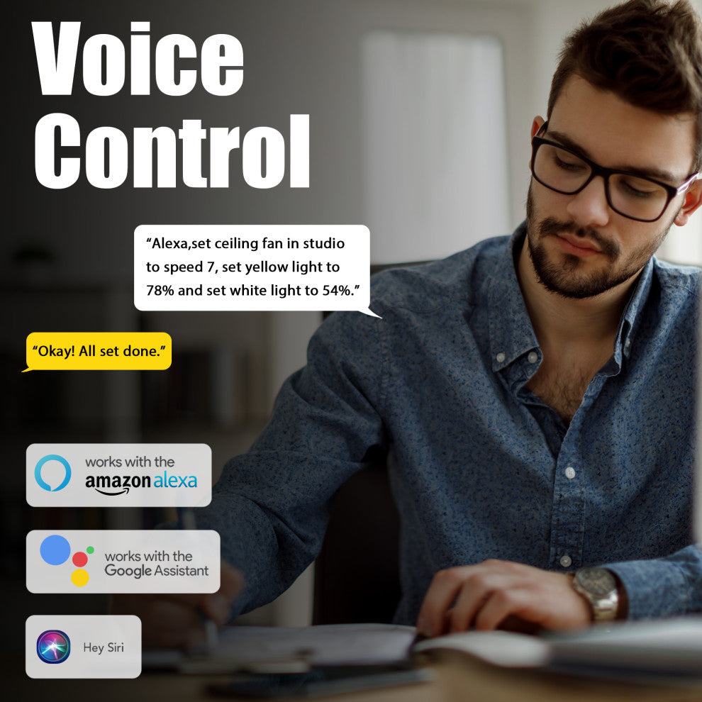 CARRO Smart Voice Control Ceiling Fan with Dimmable LED Light and Remote, Walnut, 52" Flush